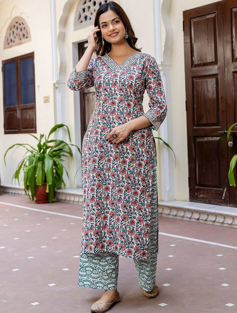 Floral Printed V-Neck Pure Cotton Straight Kurta With Palazzo And Dupatta