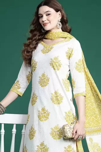 Ethnic Motifs Printed Pure Cotton Kurta with Salwar & With Dupatta