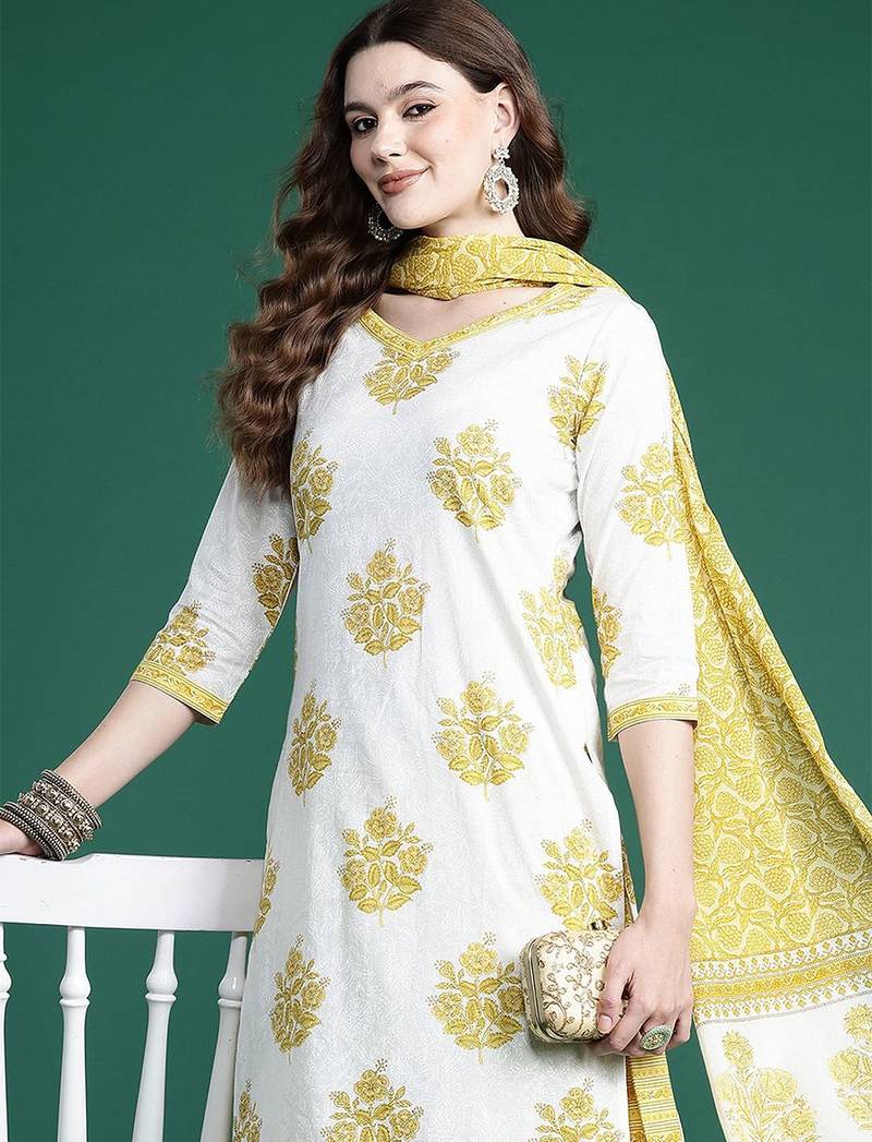 Ethnic Motifs Printed Pure Cotton Kurta with Salwar & With Dupatta