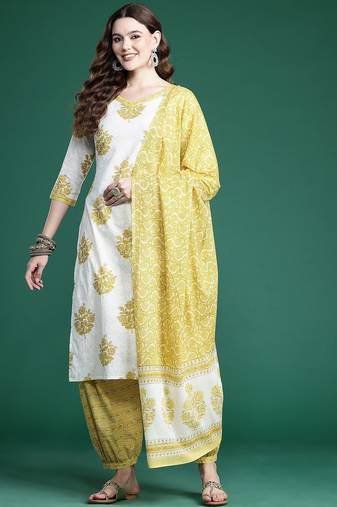 Ethnic Motifs Printed Pure Cotton Kurta with Salwar & With Dupatta