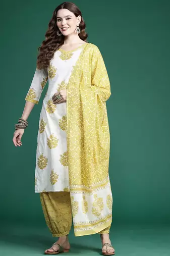 Ethnic Motifs Printed Pure Cotton Kurta with Salwar & With Dupatta