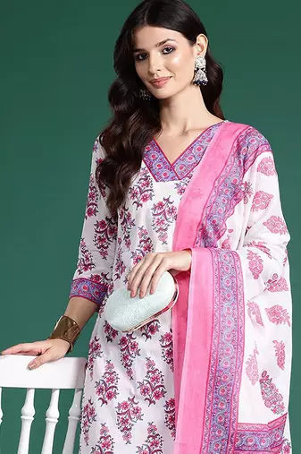 Floral Printed Pure Cotton Kurta With Palazzos & Dupatta