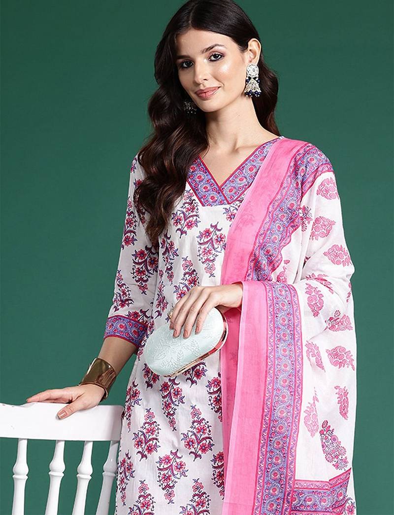 Floral Printed Pure Cotton Kurta With Palazzos & Dupatta