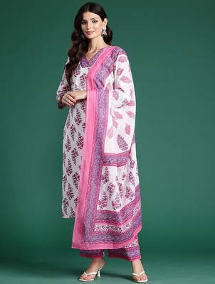 Floral Printed Pure Cotton Kurta With Palazzos & Dupatta 1
