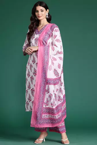 Floral Printed Pure Cotton Kurta With Palazzos & Dupatta