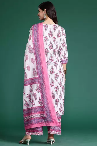Floral Printed Pure Cotton Kurta With Palazzos & Dupatta