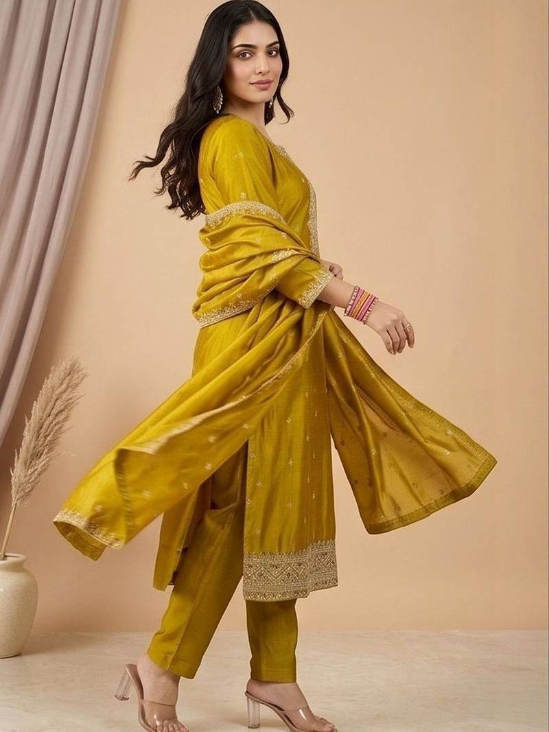 Women Ethnic Motifs Embroidered Regular Thread Work Kurta with Trousers & With Dupatta