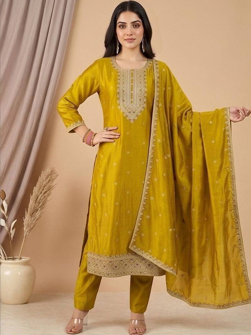 Women Ethnic Motifs Embroidered Regular Thread Work Kurta with Trousers & With Dupatta