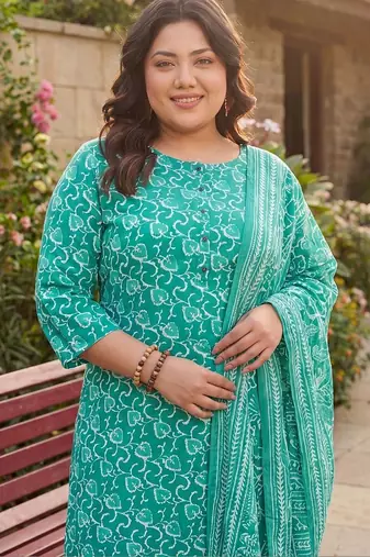 Plus Size Teal Printed Straight Kurta Trousers With Dupatta Set