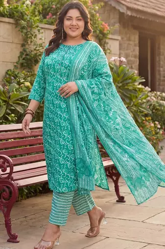 Plus Size Teal Printed Straight Kurta Trousers With Dupatta Set