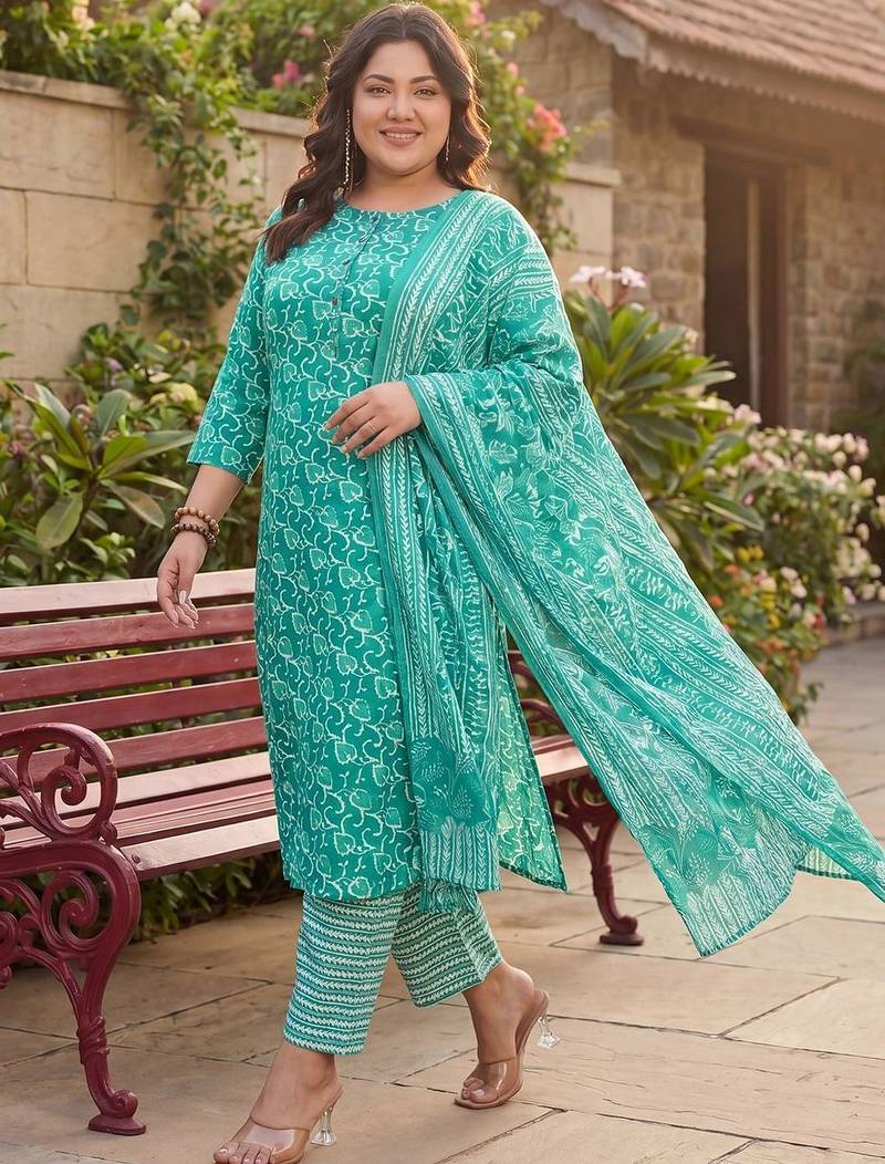 plus size teal printed straight kurta trousers with dupatta set