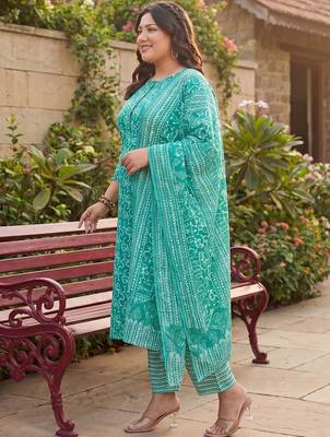plus size teal printed straight kurta trousers with dupatta set 5