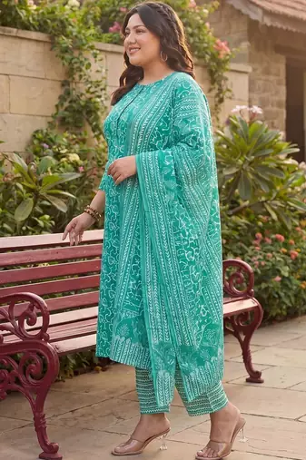 Plus Size Teal Printed Straight Kurta Trousers With Dupatta Set