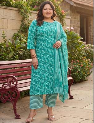 plus size teal printed straight kurta trousers with dupatta set 1