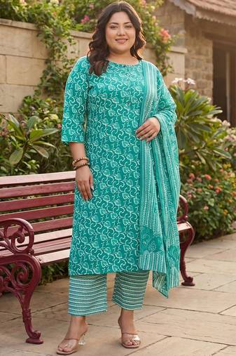 Plus Size Teal Printed Straight Kurta Trousers With Dupatta Set