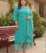 plus size teal printed straight kurta trousers with dupatta set