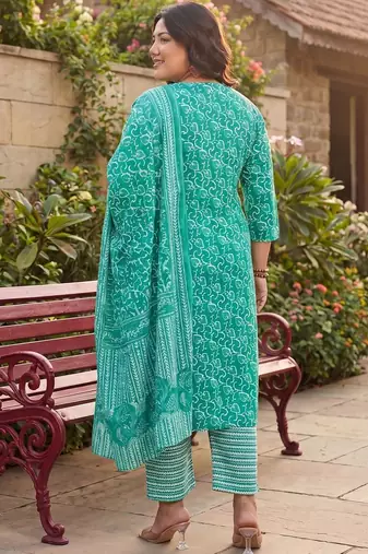 Plus Size Teal Printed Straight Kurta Trousers With Dupatta Set