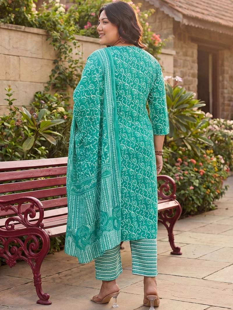 plus size teal printed straight kurta trousers with dupatta set