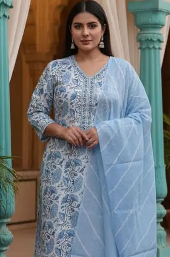 Floral Printed V-Neck Pure Cotton Kurta With Trousers & Dupatta
