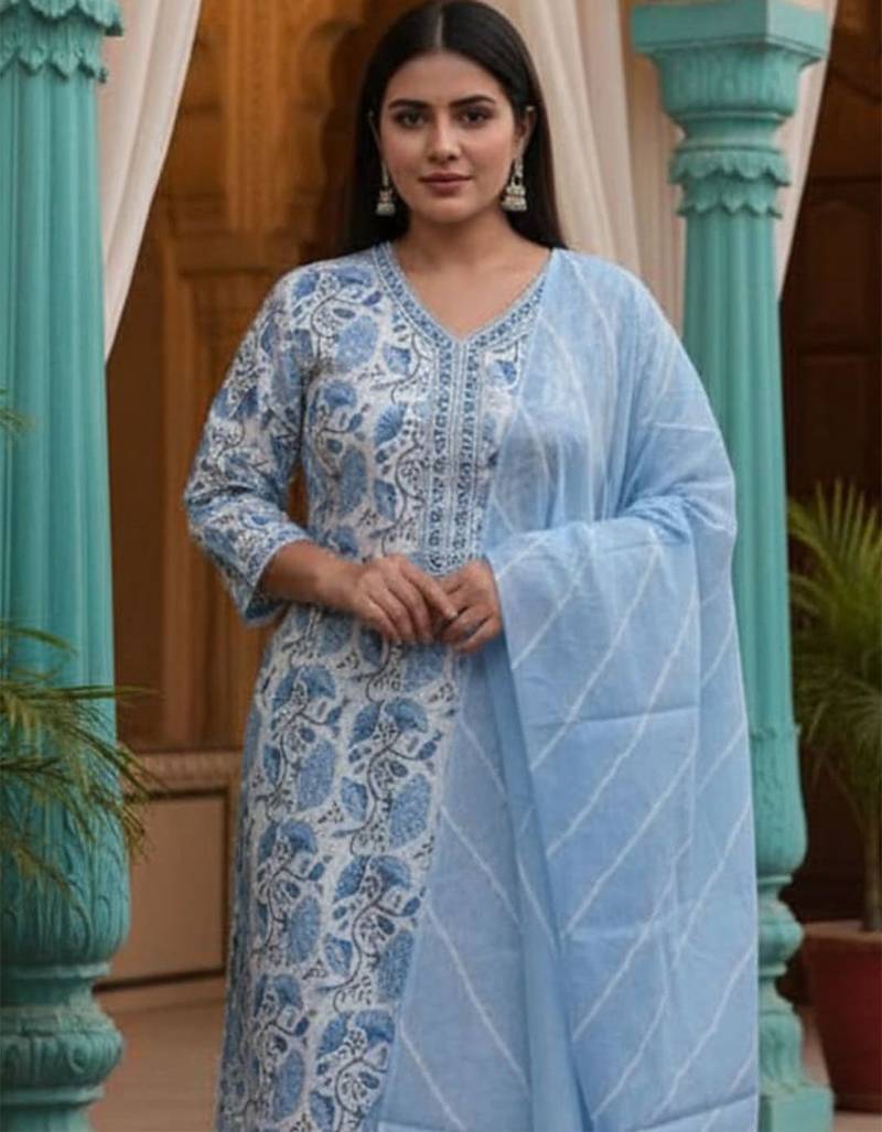 Floral Printed V-Neck Pure Cotton Kurta With Trousers & Dupatta