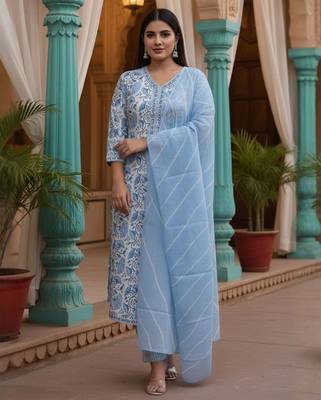 Floral Printed V-Neck Pure Cotton Kurta With Trousers & Dupatta 1