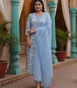 Floral Printed V-Neck Pure Cotton Kurta With Trousers & Dupatta