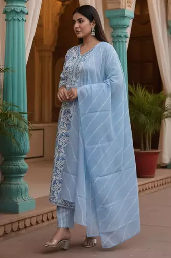 Floral Printed V-Neck Pure Cotton Kurta With Trousers & Dupatta