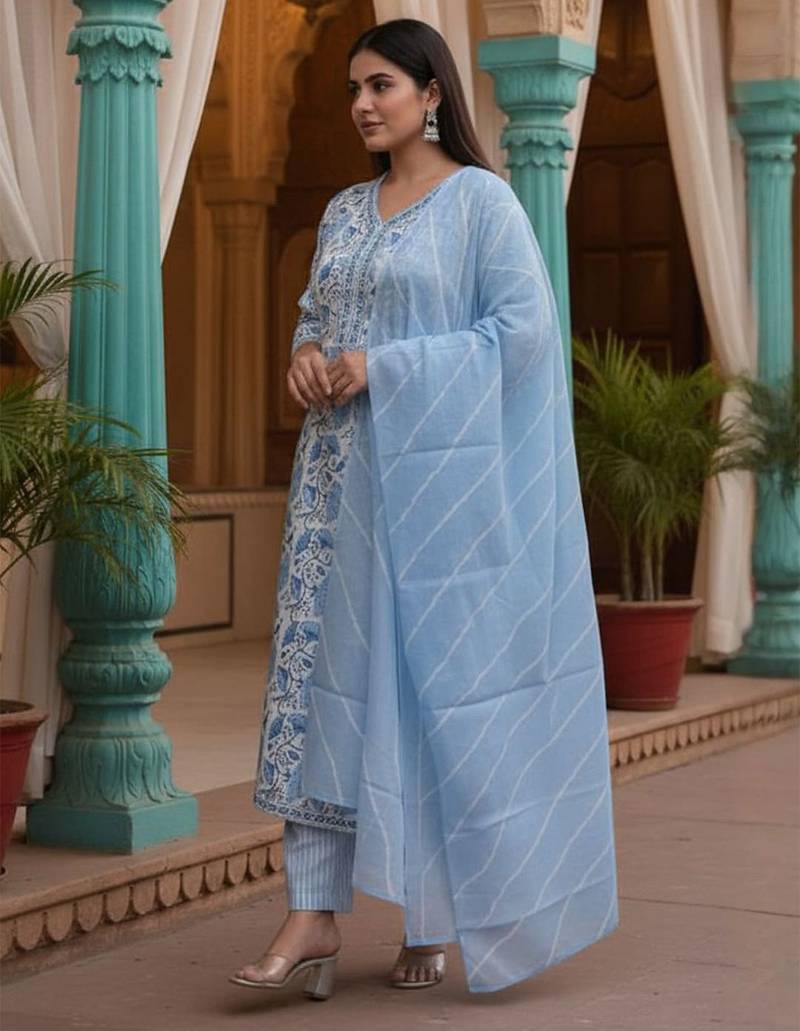 Floral Printed V-Neck Pure Cotton Kurta With Trousers & Dupatta