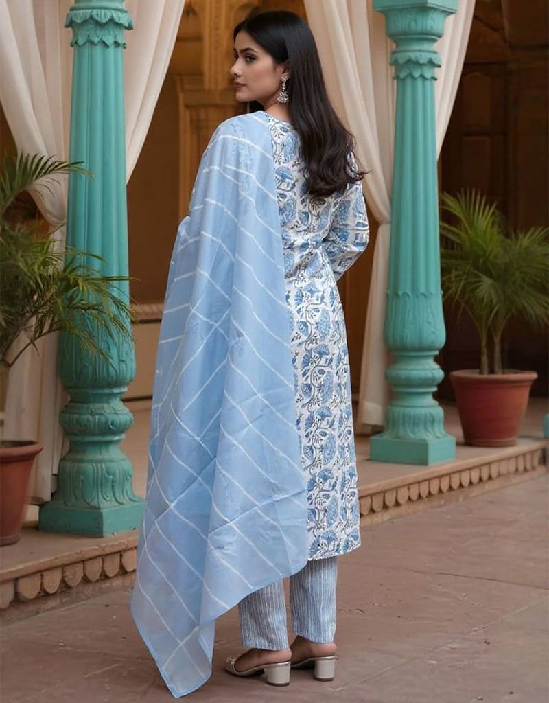 Floral Printed V-Neck Pure Cotton Kurta With Trousers & Dupatta