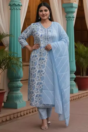 Floral Printed V-Neck Pure Cotton Kurta With Trousers & Dupatta