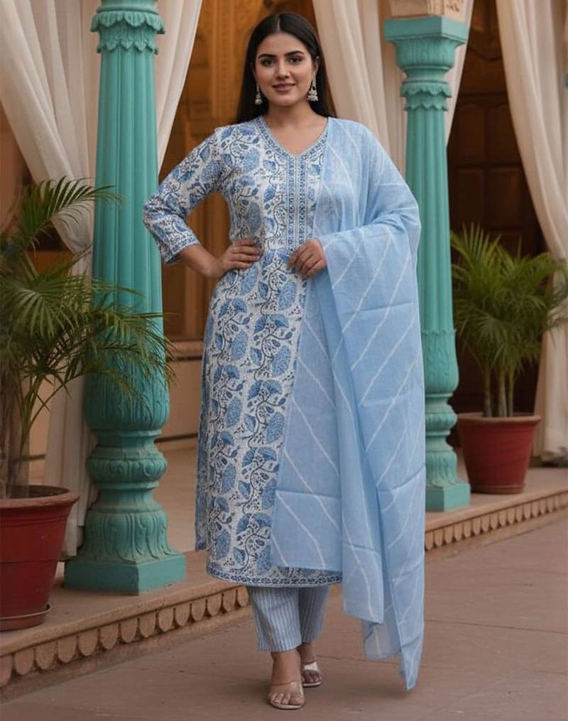 Floral Printed V-Neck Pure Cotton Kurta With Trousers & Dupatta