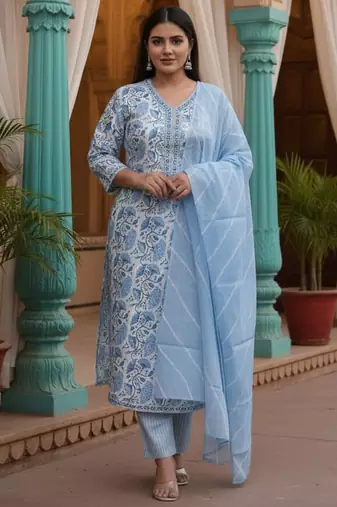 Floral Printed V-Neck Pure Cotton Kurta With Trousers & Dupatta