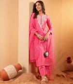 Ethnic Motifs Embroidered Sequinned Chanderi Silk Kurta with Trousers And Dupatta