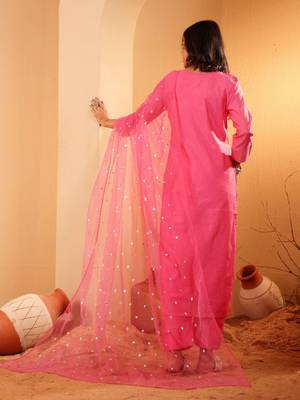 Ethnic Motifs Embroidered Sequinned Chanderi Silk Kurta with Trousers And Dupatta 6