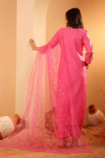 Ethnic Motifs Embroidered Sequinned Chanderi Silk Kurta with Trousers And Dupatta