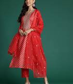 Striped Sequinned Chanderi Silk Kurta With Trousers & Dupatta