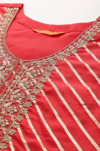 Striped Sequinned Chanderi Silk Kurta With Trousers & Dupatta