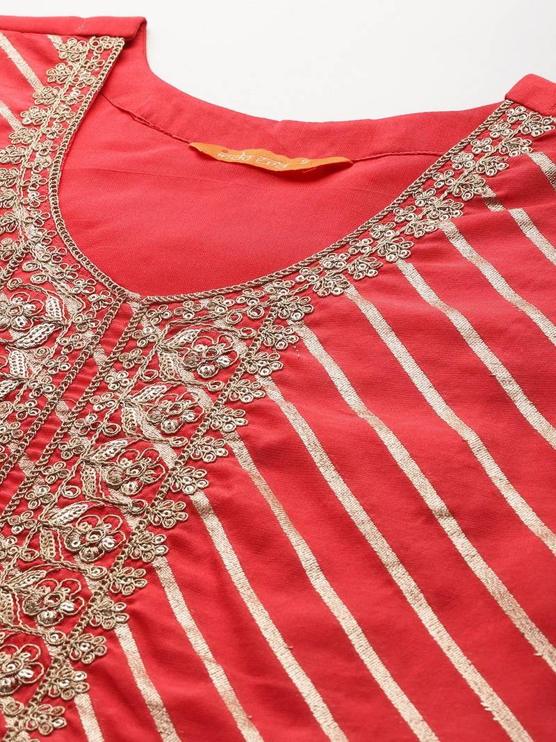 Striped Sequinned Chanderi Silk Kurta With Trousers & Dupatta
