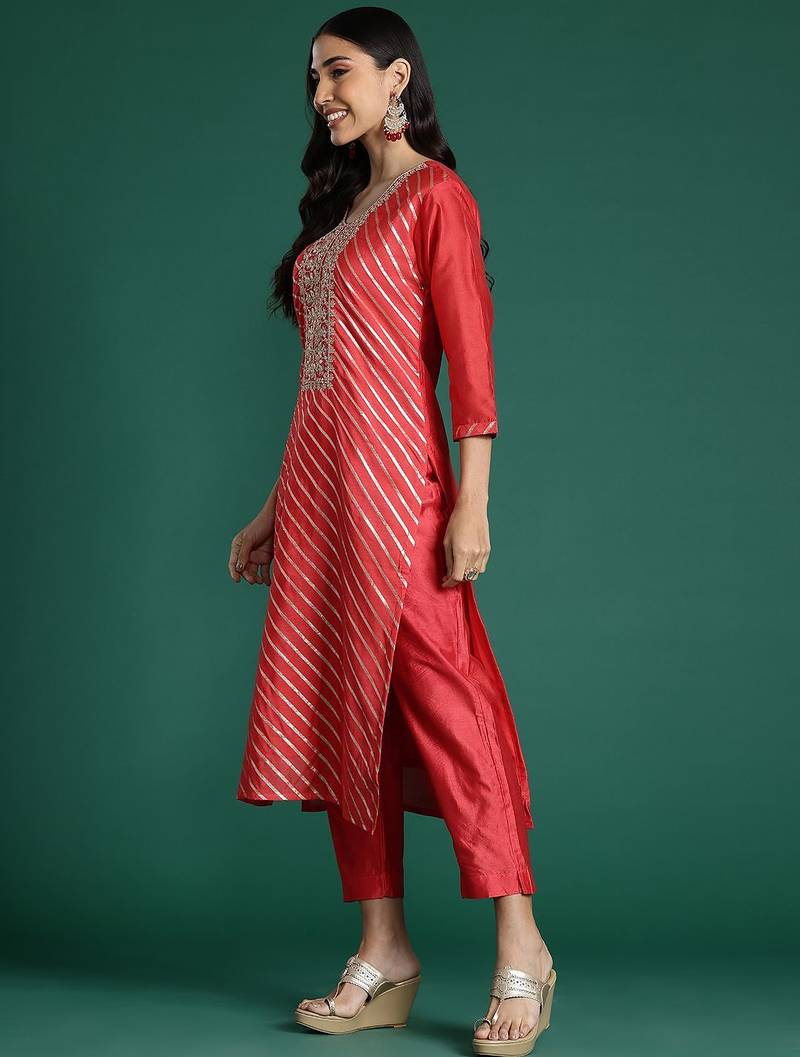 Striped Sequinned Chanderi Silk Kurta With Trousers & Dupatta