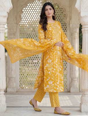 Women Floral Printed Regular Mirror Work Kurta with Trousers & With Dupatta 1
