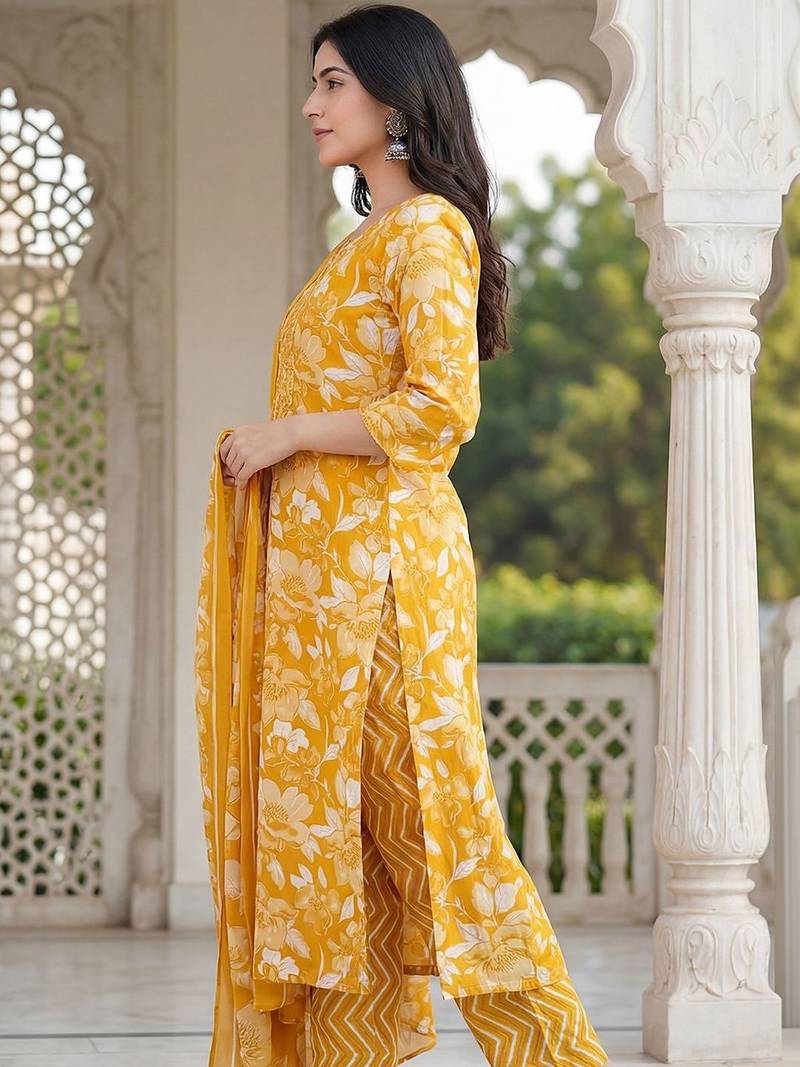 Women Floral Printed Regular Mirror Work Kurta with Trousers & With Dupatta