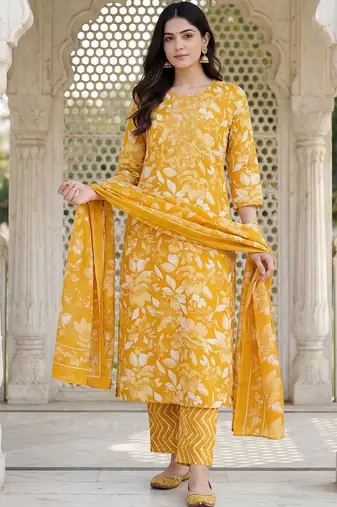 Women Floral Printed Regular Mirror Work Kurta with Trousers & With Dupatta