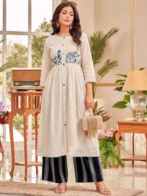 Cotton Thread Embroidered A Line Solid Kurta With Printed Palazzos 1