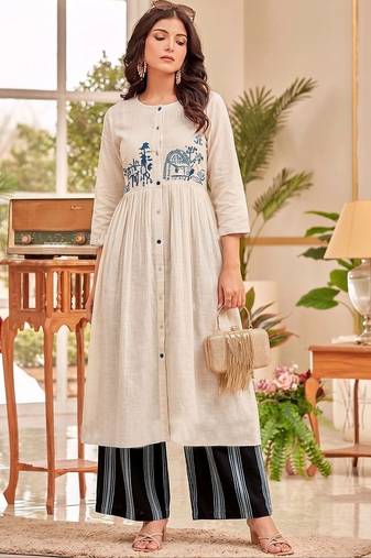 Cotton Thread Embroidered A Line Solid Kurta With Printed Palazzos