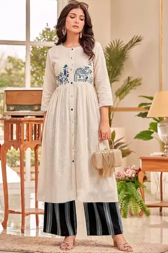Cotton Thread Embroidered A Line Solid Kurta With Printed Palazzos
