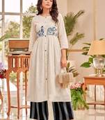 Cotton Thread Embroidered A Line Solid Kurta With Printed Palazzos