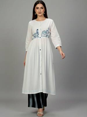 Cotton Thread Embroidered A Line Solid Kurta With Printed Palazzos 2