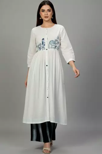 Cotton Thread Embroidered A Line Solid Kurta With Printed Palazzos