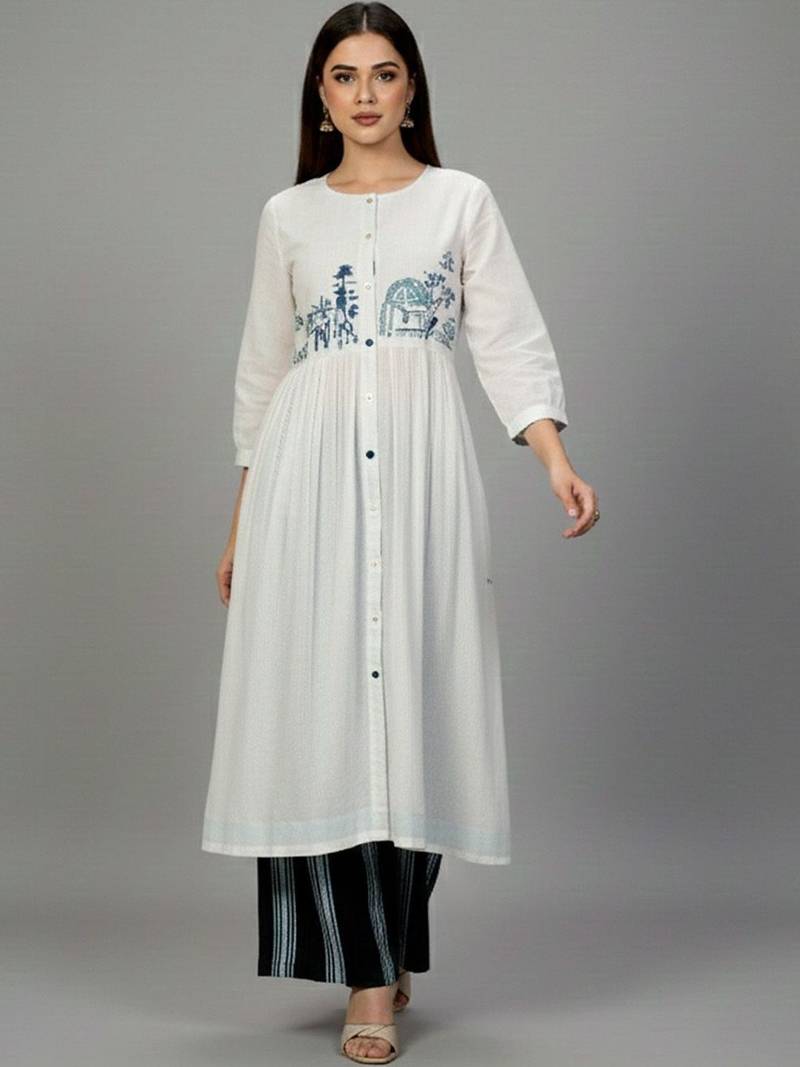 Cotton Thread Embroidered A Line Solid Kurta With Printed Palazzos