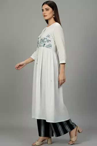Cotton Thread Embroidered A Line Solid Kurta With Printed Palazzos